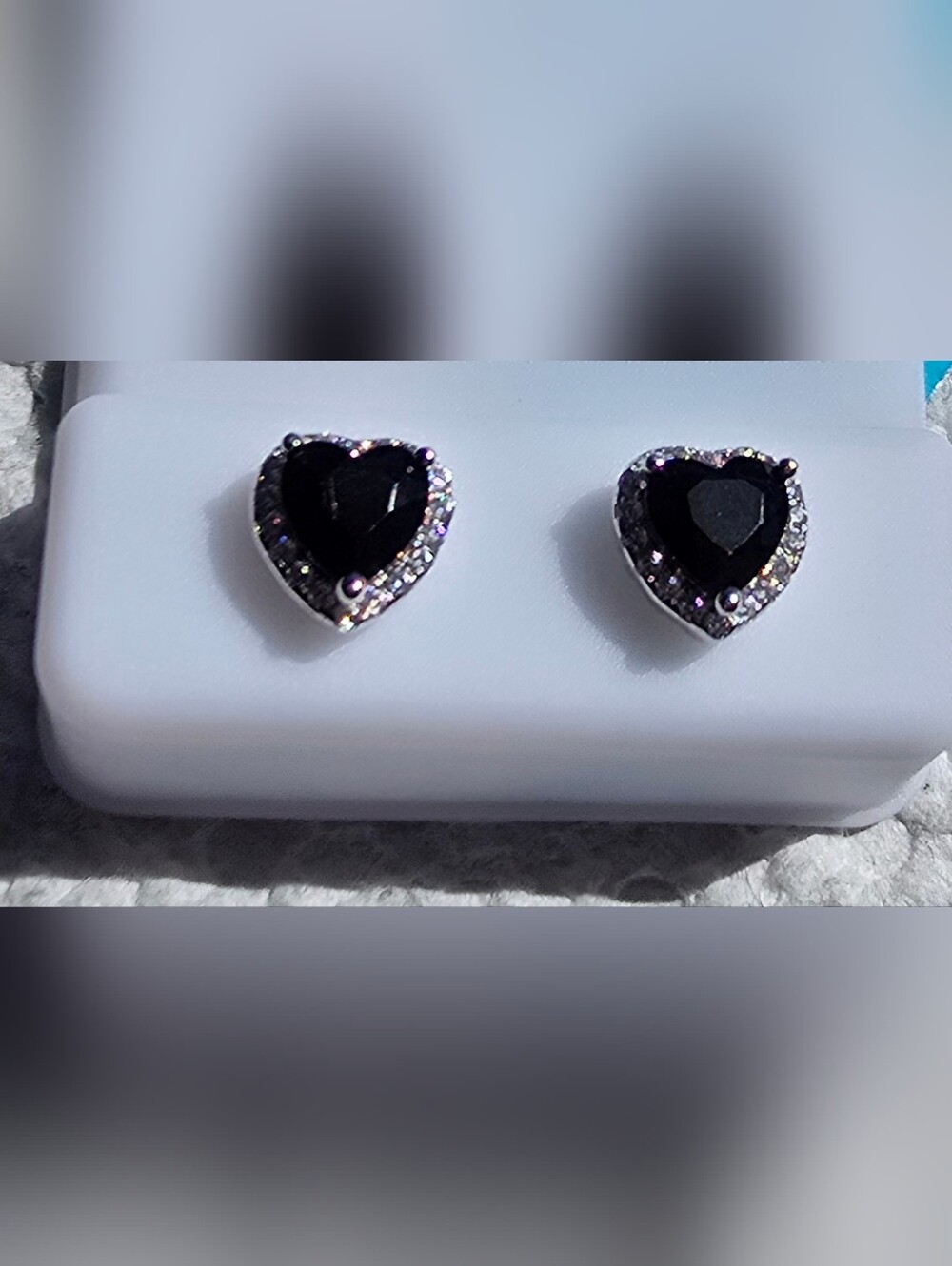 Black Onyx Heart Stud Earrings with Cubic Halo